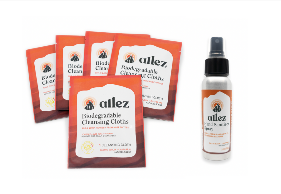 Allez Travel Essential Pack - One 2.5 oz Hand Sanitizer & Five Full Size Biodegradable Wipes